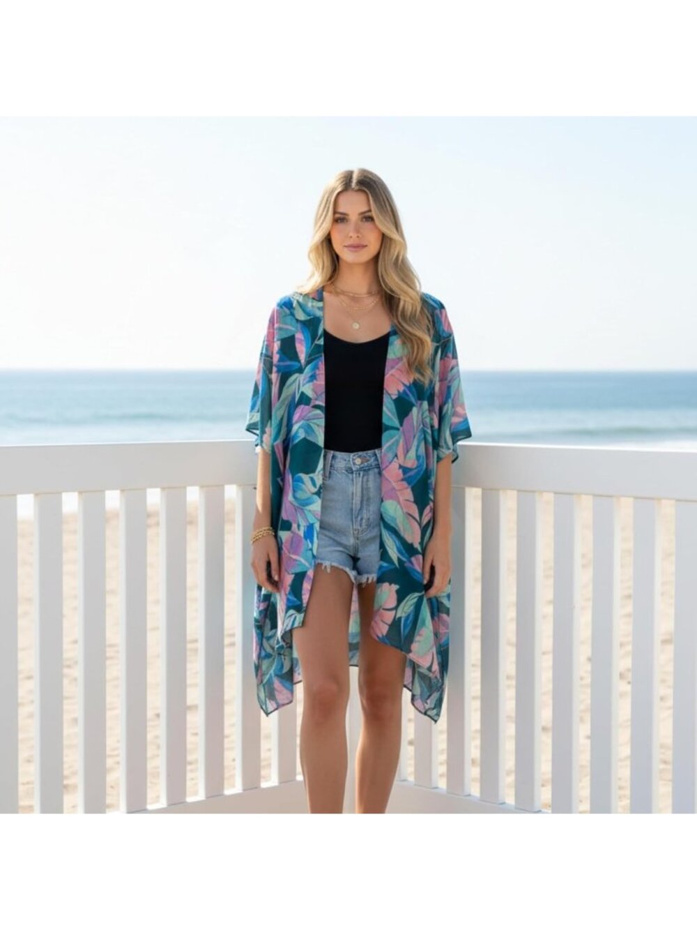 Women Rz Leaf's Journey Viscose Summer Lightweight Boho Kimono Cardigan Cover up - Picture 3 of 6